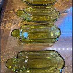 Set of 4 Vintage Indiana Glass Avocado Green Banana Split Dishes
