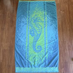 Kirkland Seahorse Beach Towel Blue Green Coastal Ocean Bath Towel Large Cotton Pool Towel Nautical Summer Decor 37”x66”