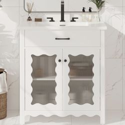Assembled New Solid Wood Frame 31 Inch Bathroom Vanity with Ceramic Sink, Modern Freestanding Bathroom Sink Cabinet with Tempered Glass Door, Rubber W