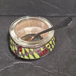 Vintage Eastern European Enameled Silver Salt Cellar With Spoon 