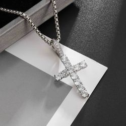 New Silver Ice Out Cross Pendant Tennis Chain Necklace 23” Bling Hip-Hop Jewelry