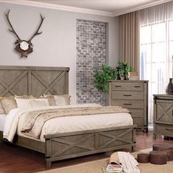 Brand New 4 Piece Grey Rustic Wood Bedroom Set