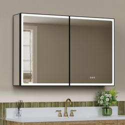 New- Mirrored LED Bathroom Medicine Cabinet Black Trim 36"W x 32"H - DC outlet & 2 USB Ports