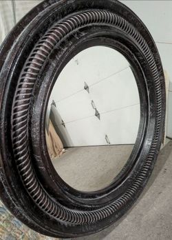 Large decorative round beveled mirror/ distressed brown round wall mirror.