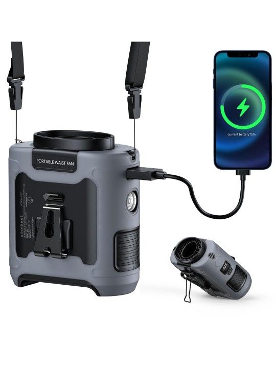 10000mAh Portable Waist Clip on Fan, Neck Desk Hand-Free Wearable Belt Personal Cooling Fan Rechargeable