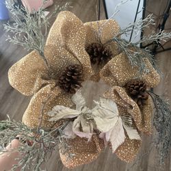 Neutral Burlap Winter Wreath w/ Pinecones & Faux Greenery