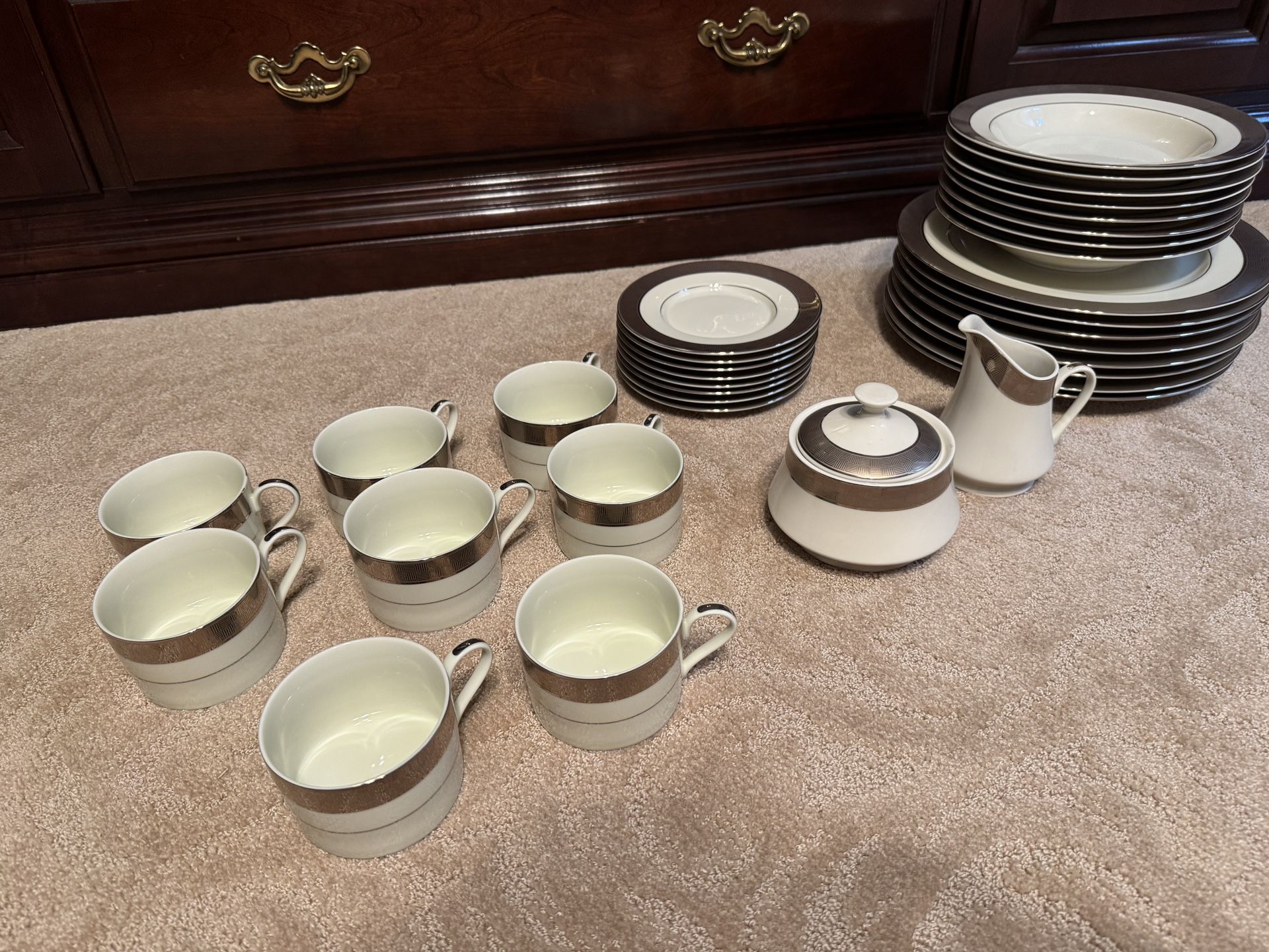Sango Metropolitan Platinum 3111, fine china, silver rim, service for 8, vintage dinnerware