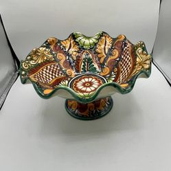Hand Patient Talavera Mexican Pottery Fruit Bowl With Pedestal Base 7 Inch Tall 