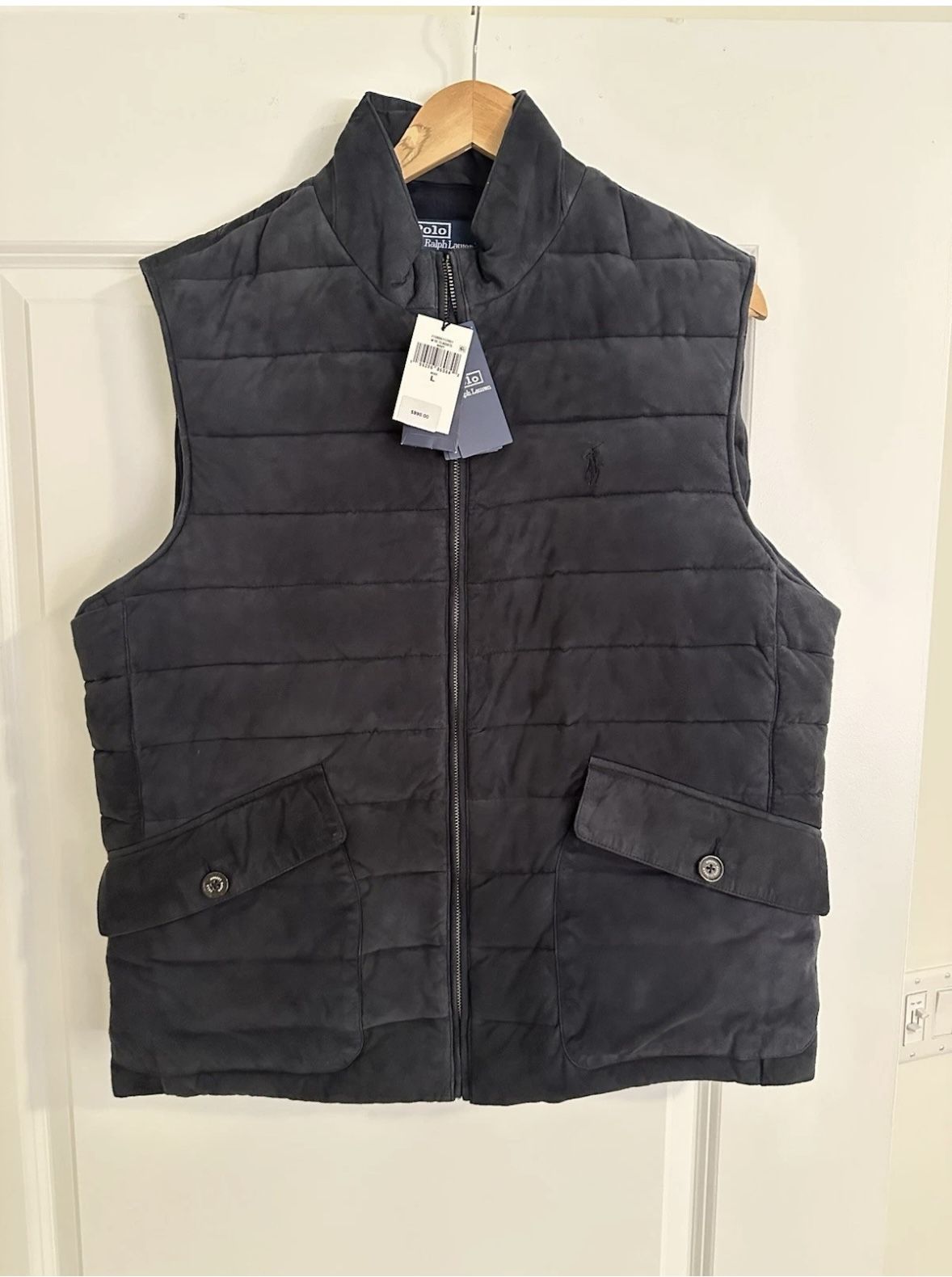 NWT $998 Men’s Ralph Lauren Polo Suede Puffer Vest Navy Large