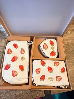 Coach Bag Strawberry Print 3-Piece Wristlet & Pouch Gift Set