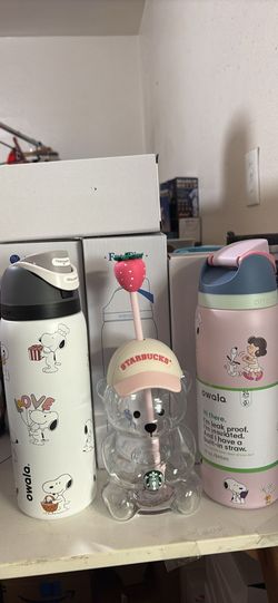 Owala Snoopy Water Bottles & Starbucks Bear Cup Set