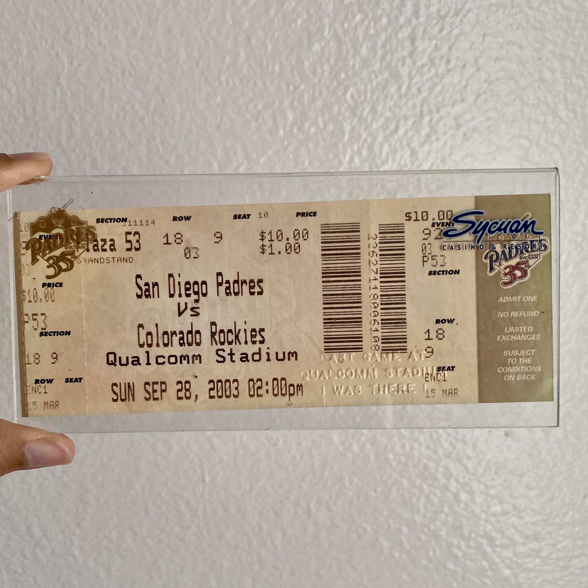 San Diego Padres Last Final Game Ticket Played at Qualcomm Stadium 9/28/2003