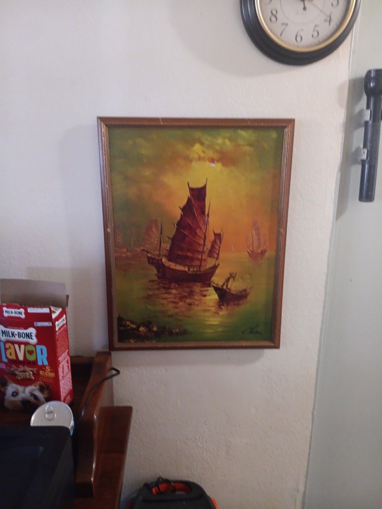 VINTAGE PAINTING OF SHIPS AT SEA