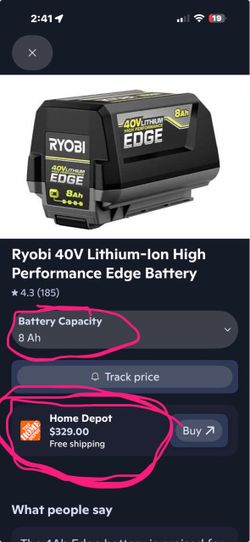 Brand new open box Ryobi 40V 8Ah Lithium-Ion Edge Battery