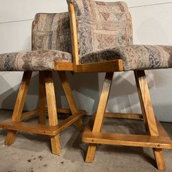 Two Rotating Barstools/Chairs. Wooden Frame With Cloth Seats