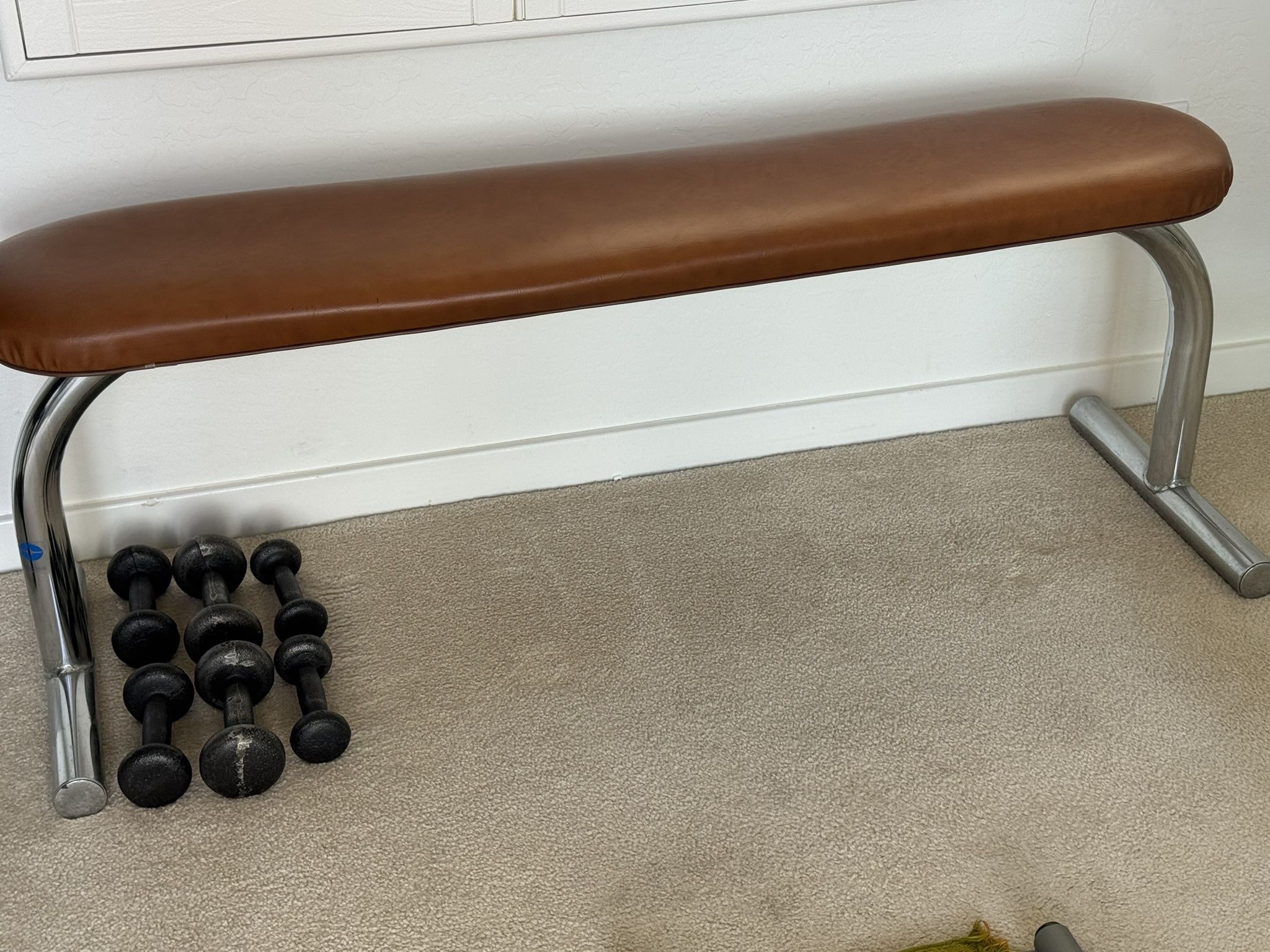 Workout Leather And Metal Bench With Dumbbells