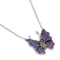 925 Sterling Silver Chic Butterfly Amethyst, Ruby & Brown CZ Pendant Necklace