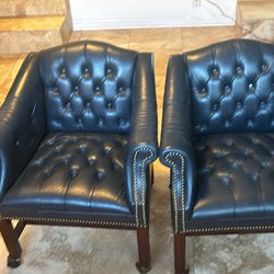Pair Of Vintage Blue Leather Chairs
