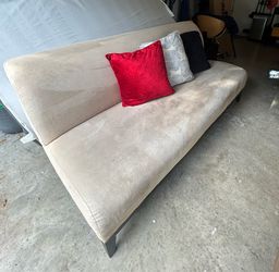 Modern Beige Suede Sofa – Dark Brown Wood Base | Excellent Condition