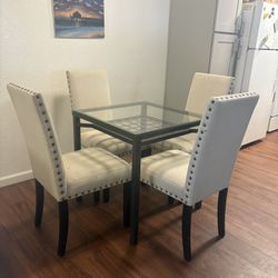 🍽️🪑 Glass-Top Dining Table + 4 Upholstered Chairs – Cozy, Classy & Real Life-Approved 😅