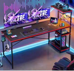 61 in. Rectangular Black Carbon Fiber Gaming Desk with RGB LED Lights Computer Desk with 4 Tier Storage Shelves and Hook