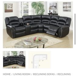 Black Faux Leather Sectional Sofa With Recliner