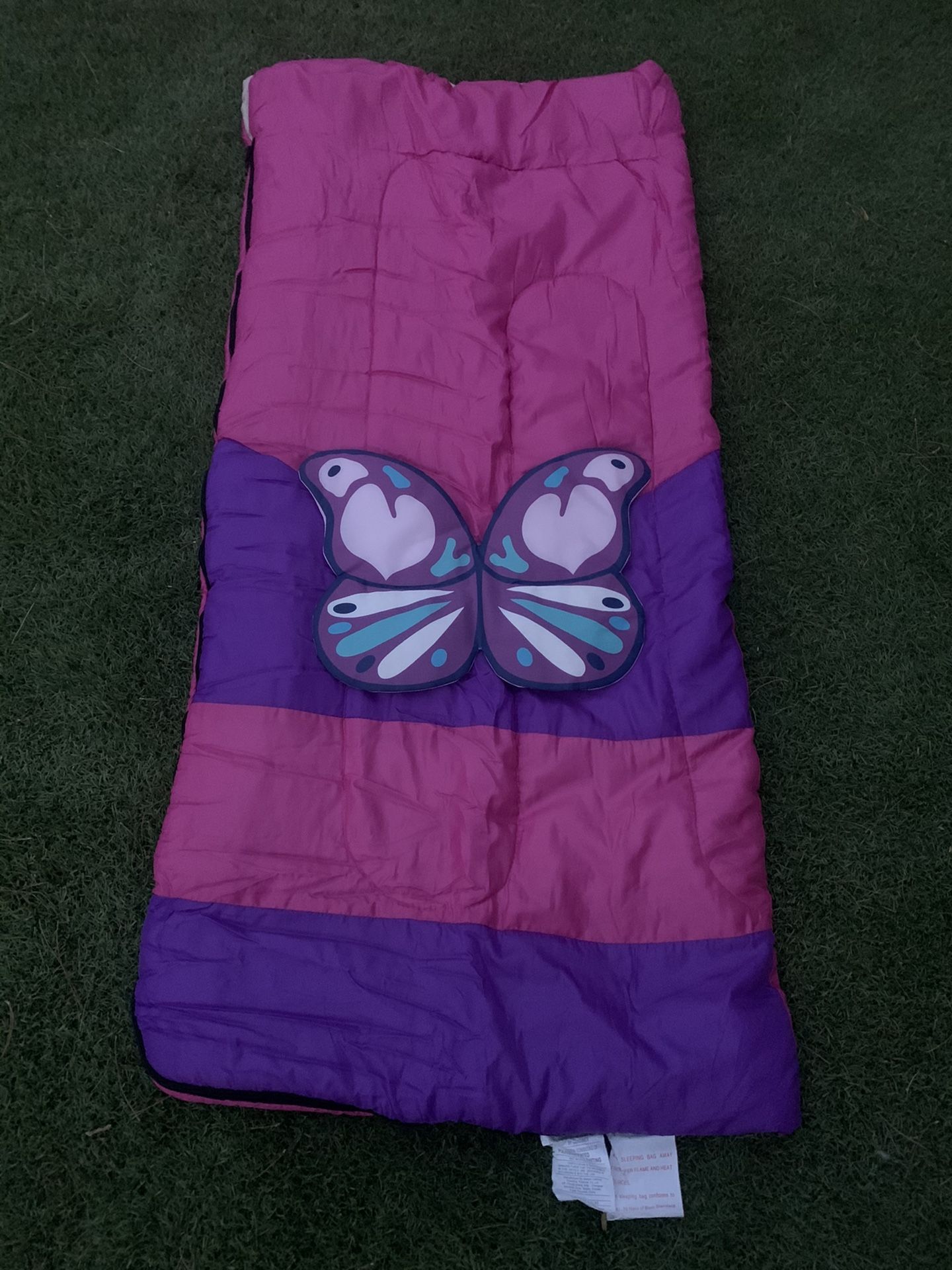 GIRLS BUTTERFLY SLEEPING BAG 2 FT IN X 4 FT 7 IN Like New - just used once. Comes with backpack. Feel free to message me.