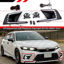 FOR 2022-24 CIVIC V2 DRL LED FOG LAMP BEZEL COVER + CLEAR PROJECTOR FOG LENS KIT