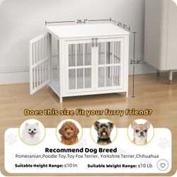 26in Dog Crate with Lock & Double Door, Wooden Kennel End Table for Small/Medium Dogs, White