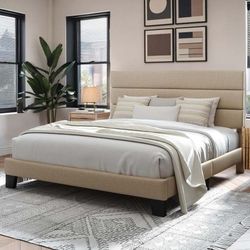 A397 $130  Queen Platform Bed Frame with Fabric Upholstered Headboard and Wooden Slat Support, No Springs Required  Product Dimensions	 Queen: 82.2"L 