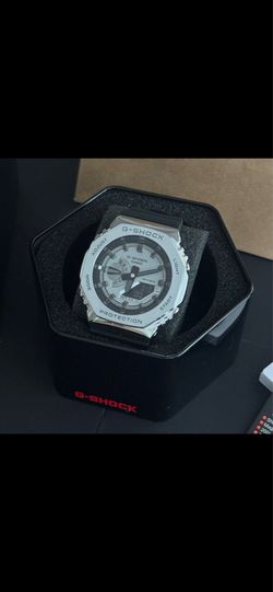 G-SHOCK CasiOak Silver Metal Bezel Black Band Watch