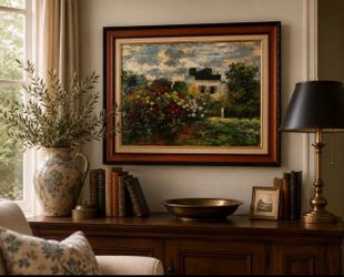 Large Framed Impressionist Garden Landscape Oil Painting | Vintage Custom Framed Art