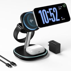 3 in 1 Wireless Charging Station, Certified 15W Fast Wireless Charger for iPhone 16/15/15 Pro/14/13/12, Apple Watch, AirPods, Magnetic Charger for iPh