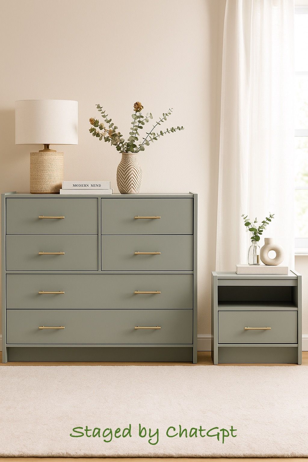 Oversized 6 Drawer Dresser And Nightstand- sage