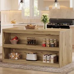 YT0036 59-Inch Kitchen Island with Storage, 3-Tier Farmhouse Stationary Island Table with Large Worktop & Seating Area, Rectangular Breakfast Counter 