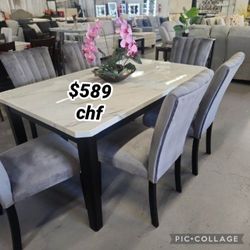 Thanksgiving 7 Piece Faux Marble Top Dining Table Set 