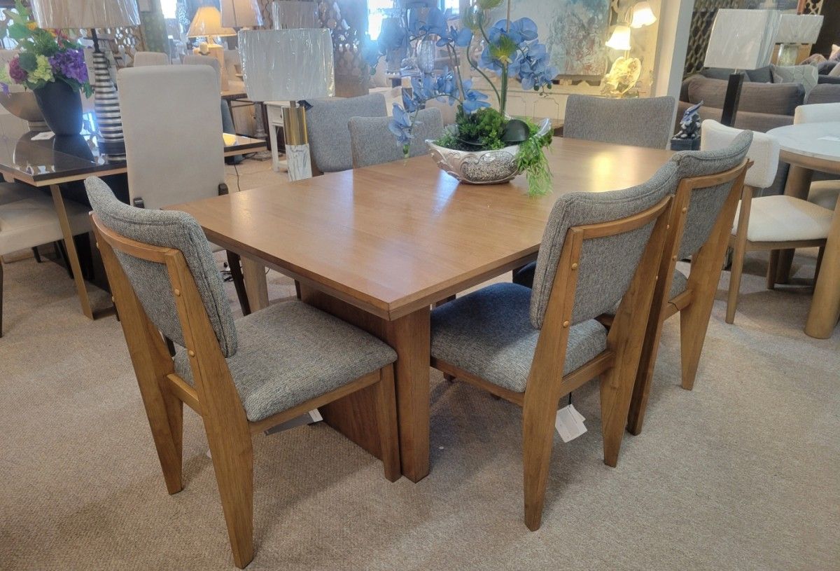 Mid-Century Modern Natural Dining Table + 6 Side Chairs