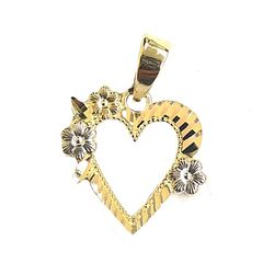 Heart with flowers pendant 14K REAL YELLOW & WHITE GOLD.