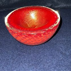 60’s Murano Controlled Bubble Red w Gold Fleck Glass Bowl