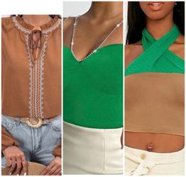 Set of 3 Tops Bundle Green & Brown Layered Halter Tank Top