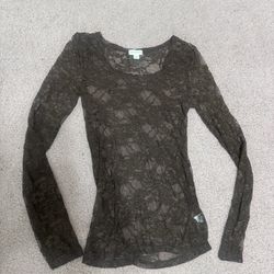 Small brown lace sheer long sleeve top shirt blouse y2k lingerie see through