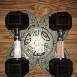 Weights 10lb dumbbell set and 5x5lb Standard 1 inch plates