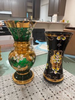 Bohemian Glass Vases with Gold and Enamel Floral Detail