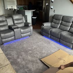 Brand New Reclining Sofa And Love Seat With Cup Holders And LED lighting 