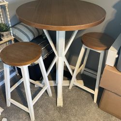 Distressed White High Top Table + Two Stools