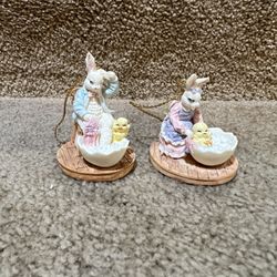 Easter Figures set of 2 Mr & Mrs Bunny giving chicks bath  2” tall ornaments