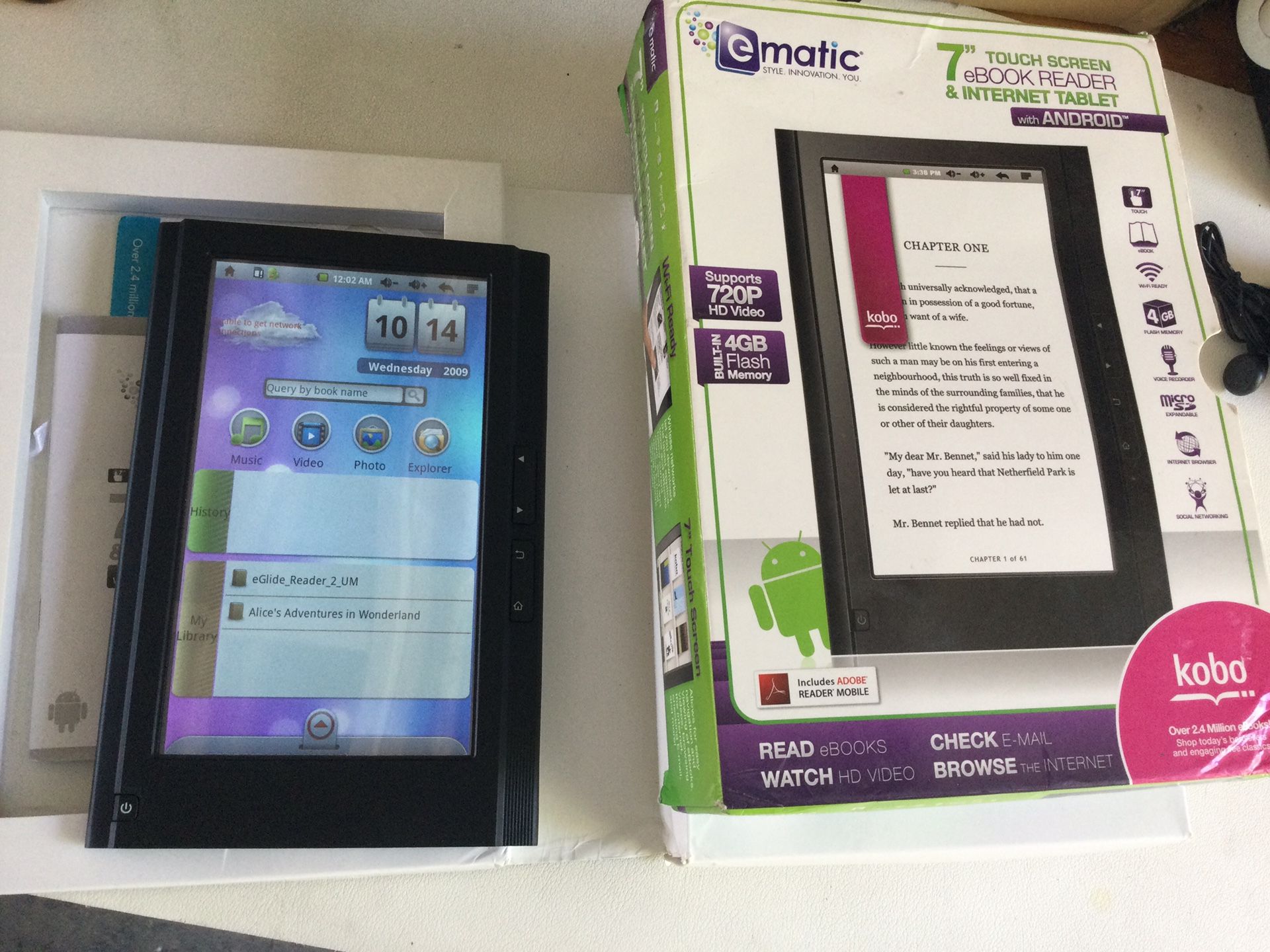 Ematic 7" Touch Screen eBook Reader & Android Internet Tablet W/HD Video Playback, 4GB Flash, Expand Memory & Kobo eReading App