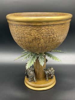 Safari Cast Bronze Elephants Green Foliage Pedestal Ceramic Bowl Centerpiece 12"