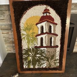 VTG California Mission | Handmade Rug Hooking Wall Hanging Framed 25” x 37” Beautiful boho bohemian