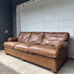 Vintage 90s Ethan Allen Brown Leather Sofa w/ Rolled Arms •FREE DELIVERY•